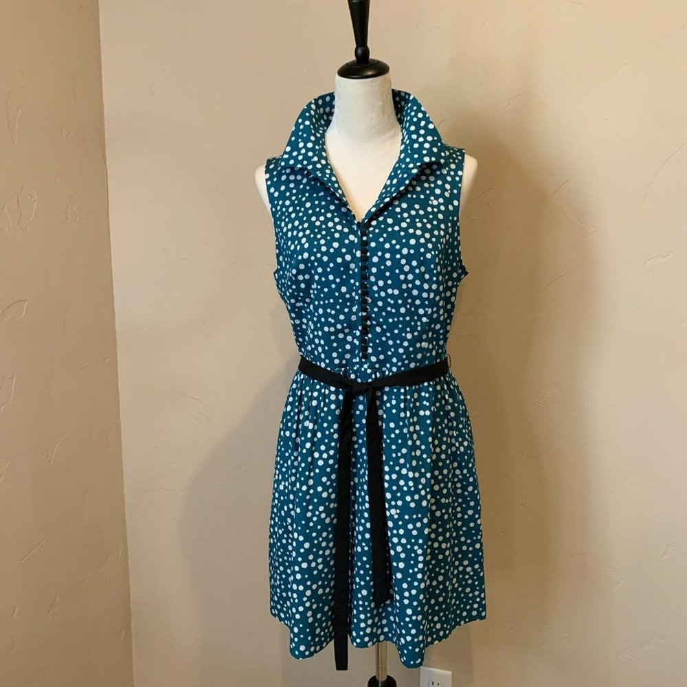 NWT Kenzie Women's XL Teal Polka Dot Sleeveless Collar Dress Tie Belt $99